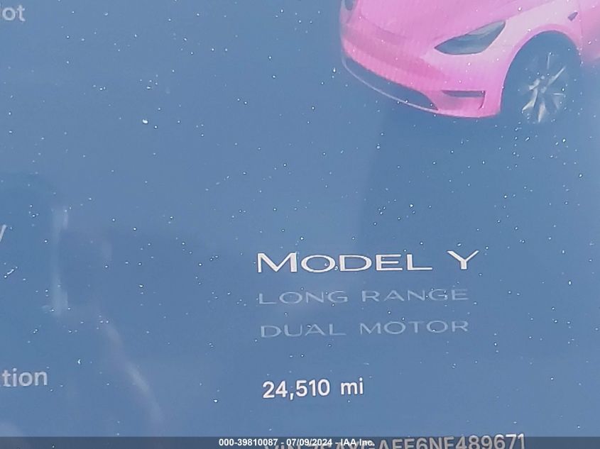 2022 Tesla Model Y Long Range Dual Motor All-Wheel Drive VIN: 7SAYGAEE6NF489671 Lot: 39810087