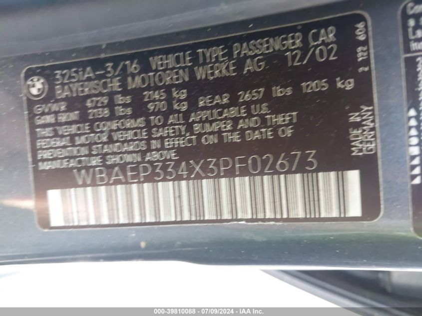 2003 BMW 325Xit VIN: WBAEP334X3PF02673 Lot: 39810088