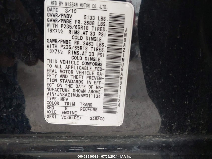 2010 Nissan Murano Sl VIN: JN8AZ1MU8AW011134 Lot: 39810092