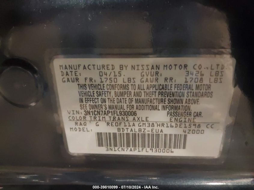 2015 Nissan Versa 1.6 Sv VIN: 3N1CN7AP1FL930006 Lot: 39810099