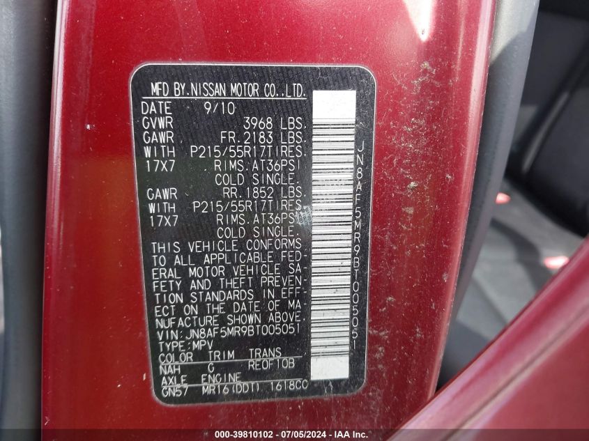 2011 Nissan Juke S VIN: JN8AF5MR9BT005051 Lot: 39810102