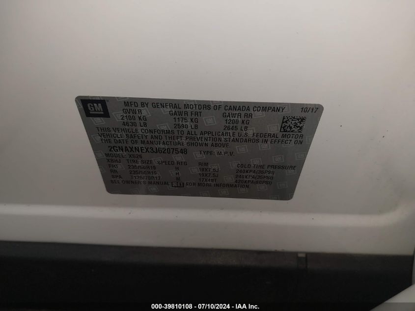 2018 Chevrolet Equinox Premier VIN: 2GNAXNEX3J6207548 Lot: 39810108