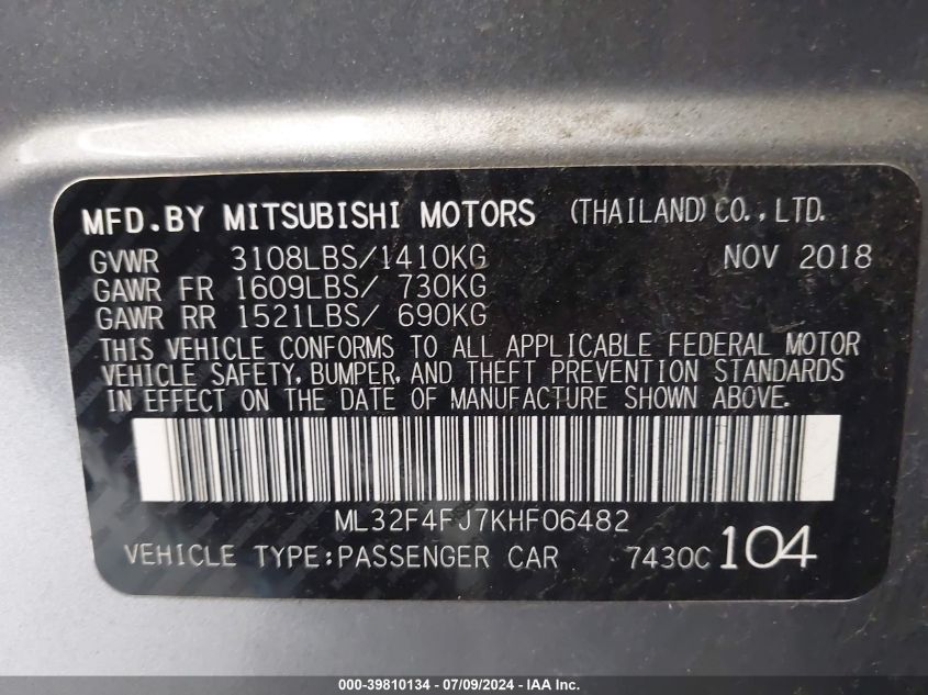 2019 Mitsubishi Mirage G4 Se VIN: ML32F4FJ7KHF06482 Lot: 39810134