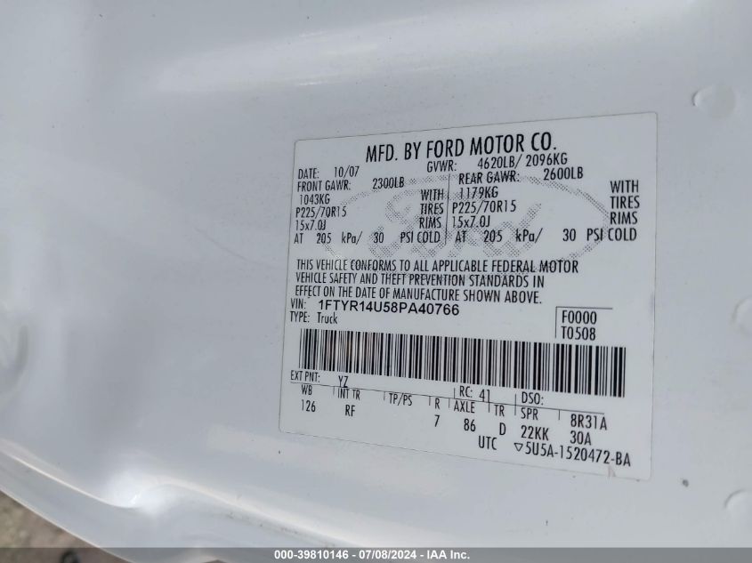 2008 Ford Ranger Sport/Xl/Xlt VIN: 1FTYR14U58PA40766 Lot: 39810146