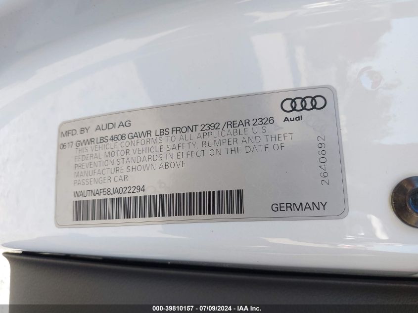 2018 Audi A5 2.0T Premium VIN: WAUTNAF58JA022294 Lot: 39810157