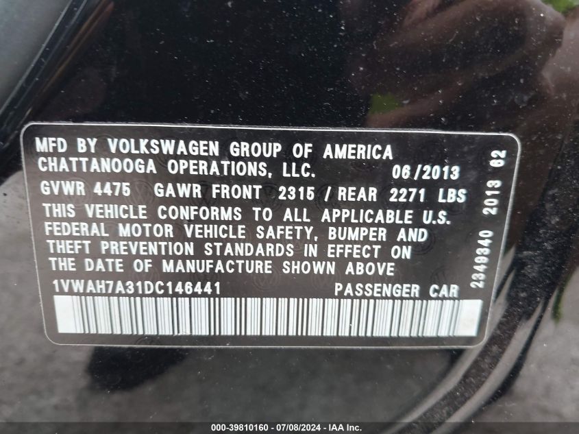 2013 Volkswagen Passat 2.5L Wolfsburg Edition VIN: 1VWAH7A31DC146441 Lot: 39810160