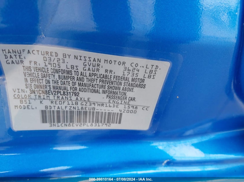 2023 Nissan Versa 1.6 Sv Xtronic Cvt VIN: 3N1CN8EV2PL831792 Lot: 39810164