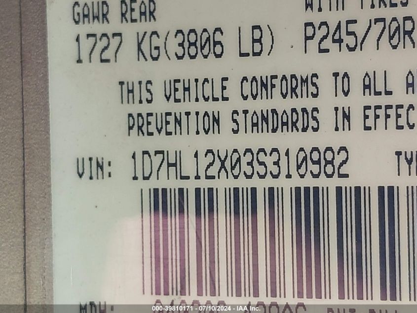 2003 Dodge Dakota Sxt VIN: 1D7HL12X03S310982 Lot: 39810171