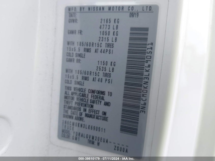 2020 NISSAN NV200 COMPACT CARGO SV XTRONIC CVT 3N6CM0KN3LK690511