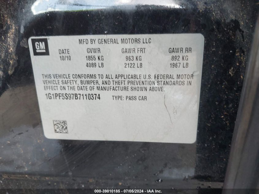 2011 Chevrolet Cruze 1Lt VIN: 1G1PF5S97B7110374 Lot: 39810185
