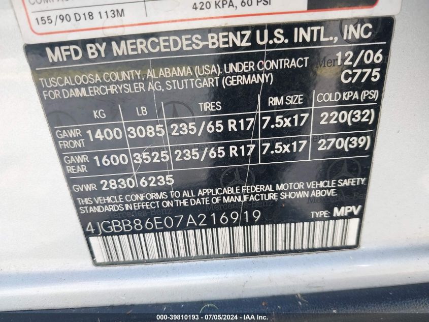 2007 Mercedes-Benz Ml 350 4Matic VIN: 4JGBB86E07A216919 Lot: 39810193