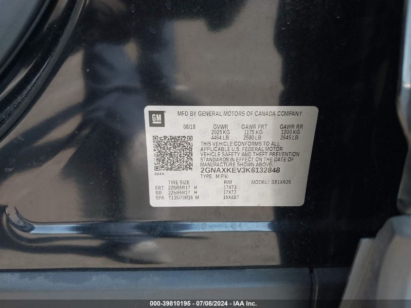 2019 Chevrolet Equinox Lt VIN: 2GNAXKEV3K6132848 Lot: 39810195