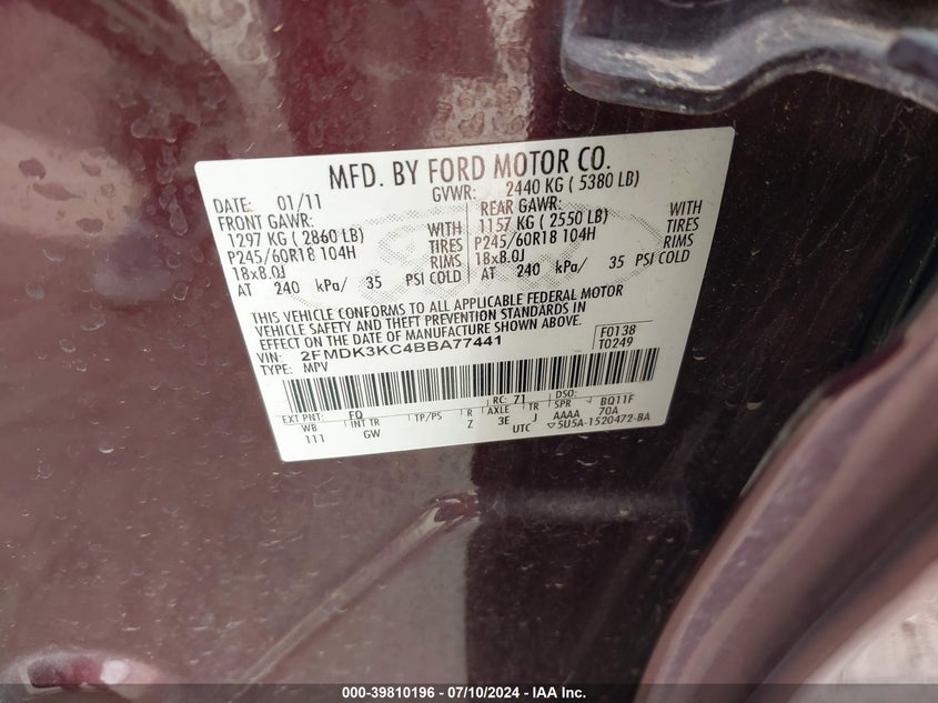 2011 Ford Edge Limited VIN: 2FMDK3KC4BBA77441 Lot: 39810196