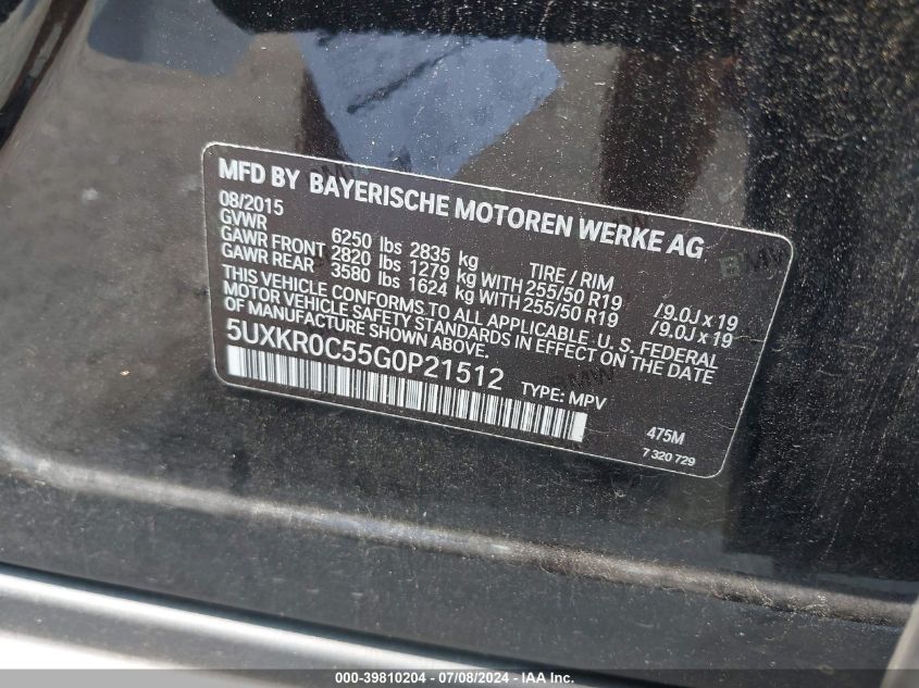 2016 BMW X5 xDrive35I VIN: 5UXKR0C55G0P21512 Lot: 39810204