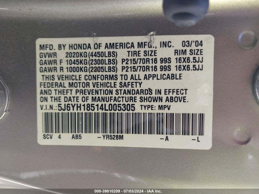 2004 Honda Element Ex VIN: 5J6YH18514L005305 Lot: 39810209