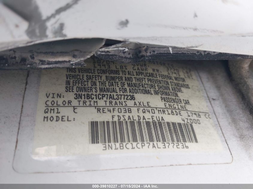 2010 Nissan Versa 1.8S VIN: 3N1BC1CP7AL377236 Lot: 39810227