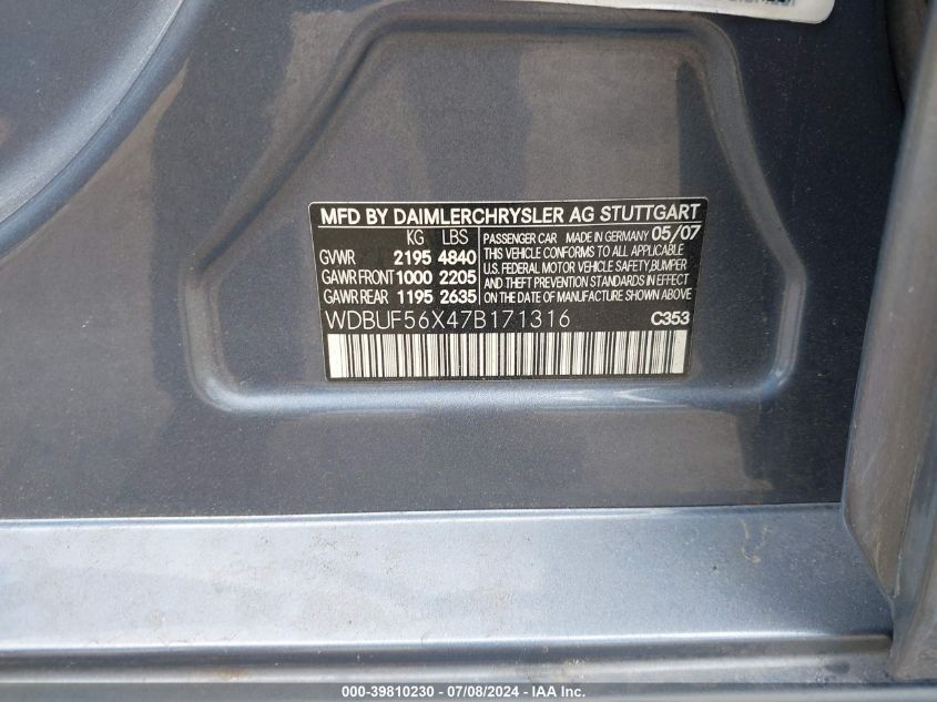 2007 Mercedes-Benz E 350 VIN: WDBUF56X47B171316 Lot: 39810230