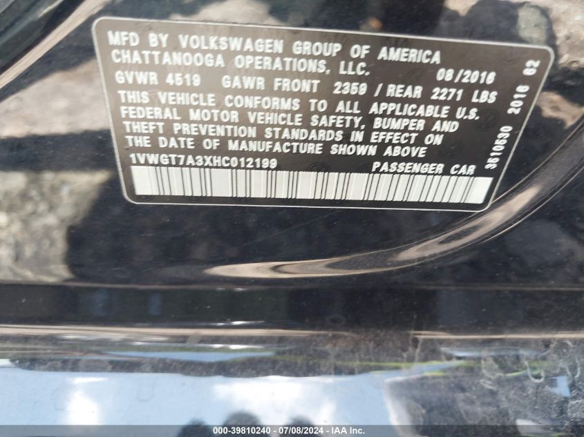 2017 Volkswagen Passat 1.8T Se VIN: 1VWGT7A3XHC012199 Lot: 39810240