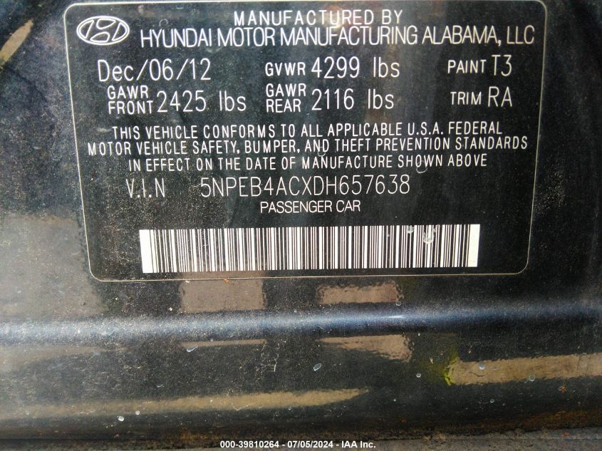 5NPEB4ACXDH657638 2013 Hyundai Sonata Gls