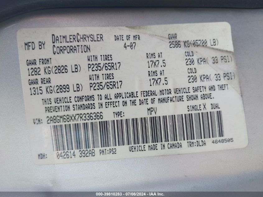 2007 Chrysler Pacifica Touring VIN: 2A8GM68XX7R336366 Lot: 39810283