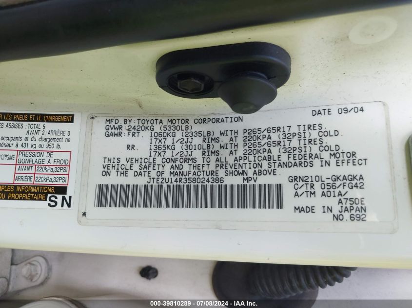 2005 Toyota 4Runner Sr5 V6 VIN: JTEZU14R358024386 Lot: 39810289