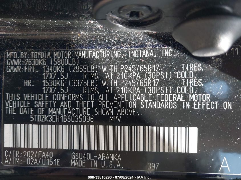 2011 Toyota Highlander Base V6 VIN: 5TDZK3EH1BS035096 Lot: 39810290