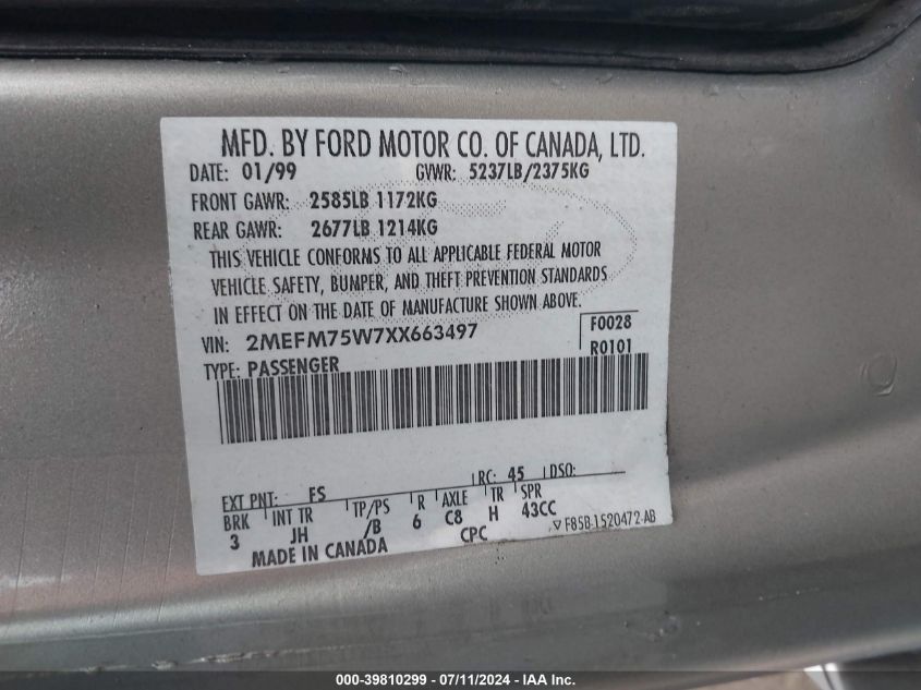 1999 Mercury Grand Marquis Ls VIN: 2MEFM75W7XX663497 Lot: 39810299