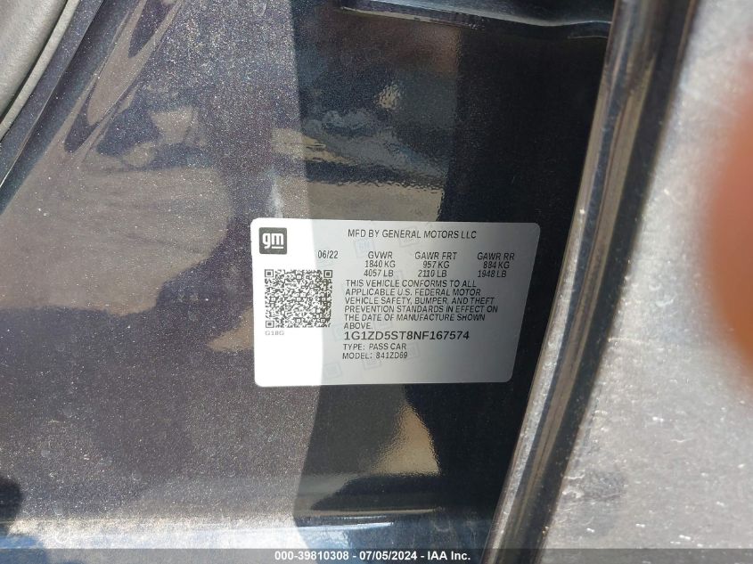 2022 Chevrolet Malibu Fwd Lt VIN: 1G1ZD5ST8NF167574 Lot: 39810308