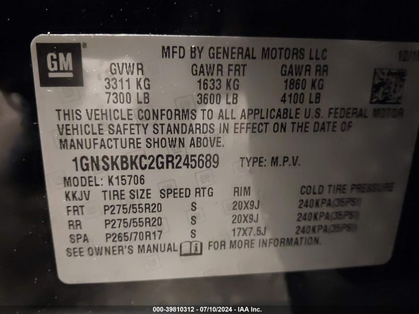 2016 Chevrolet Tahoe Lt VIN: 1GNSKBKC2GR245689 Lot: 39810312