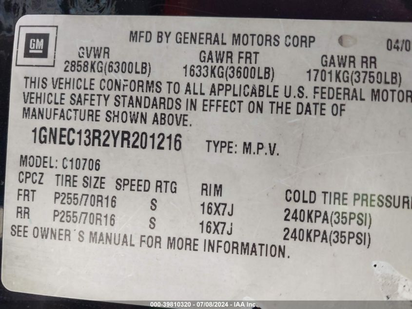 2000 Chevrolet Tahoe Limited VIN: 1GNEC13R2YR201216 Lot: 39810320