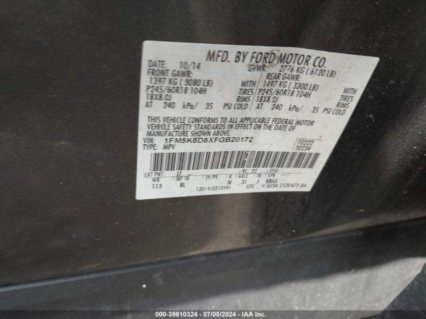 2015 FORD EXPLORER XLT 1FM5K8D8XFGB20172