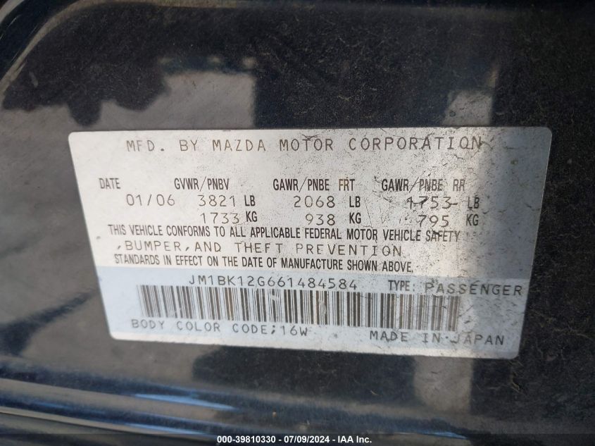 2006 Mazda 3 I VIN: JM1BK12G661484584 Lot: 39810330