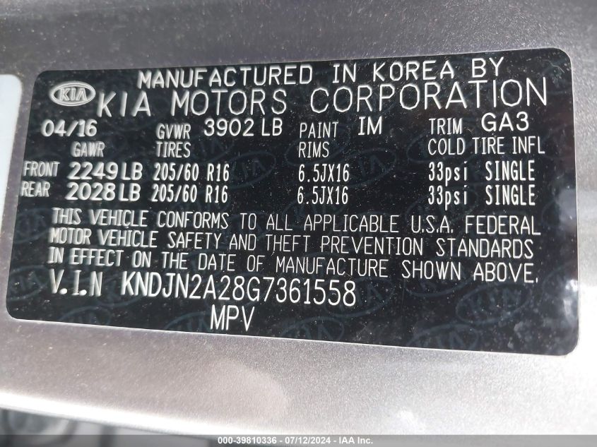 2016 Kia Soul VIN: KNDJN2A28G7361558 Lot: 39810336