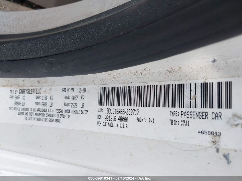 2008 Dodge Avenger Se VIN: 1B3LC46R68N232717 Lot: 39810341
