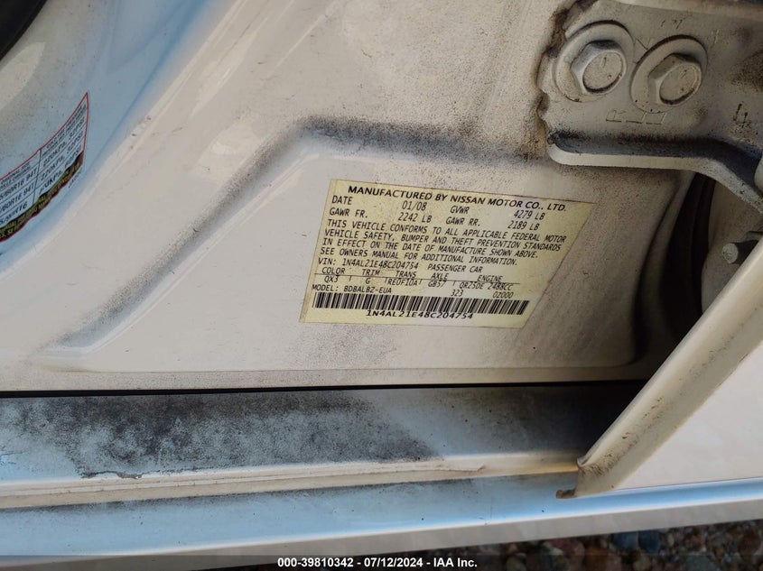 2008 Nissan Altima 2.5 S VIN: 1N4AL21E48C204754 Lot: 39810342