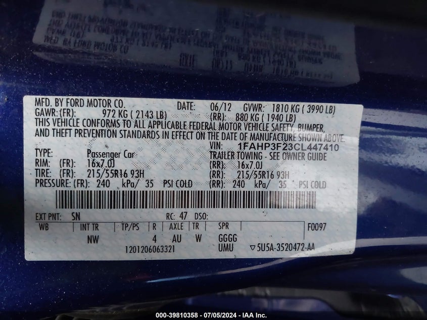 2012 Ford Focus Se VIN: 1FAHP3F23CL447410 Lot: 39810358