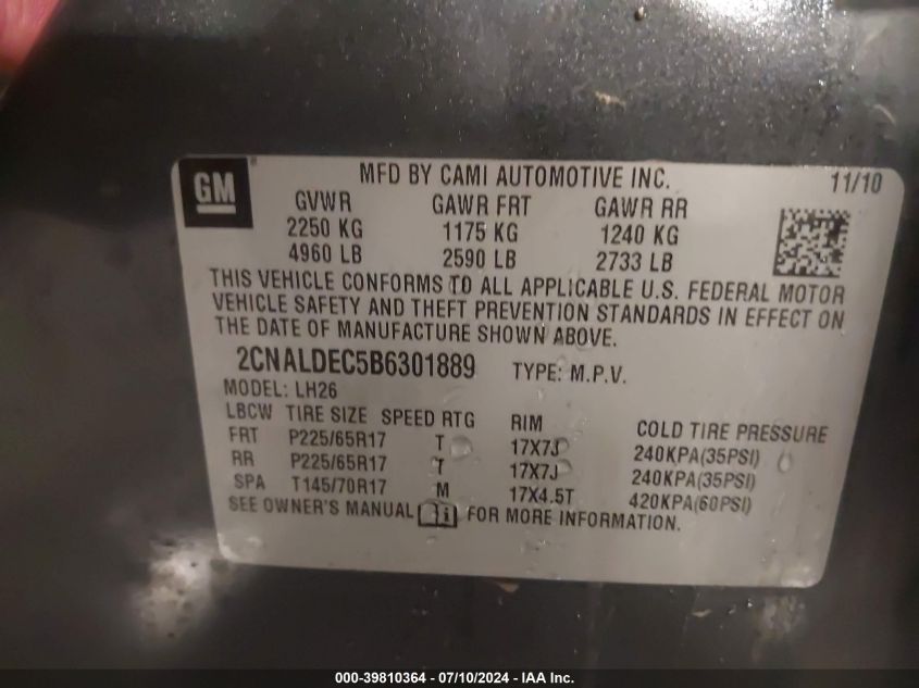 2011 Chevrolet Equinox 1Lt VIN: 2CNALDEC5B6301889 Lot: 39810364