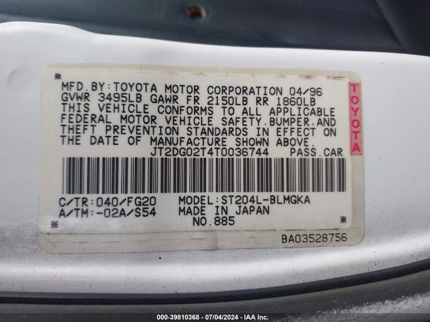 1996 Toyota Celica Gt VIN: JT2DG02T4T0036744 Lot: 39810368