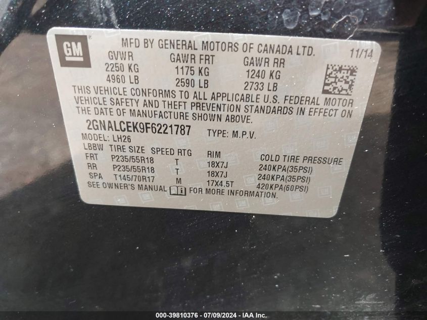 2015 Chevrolet Equinox 2Lt VIN: 2GNALCEK9F6221787 Lot: 39810376