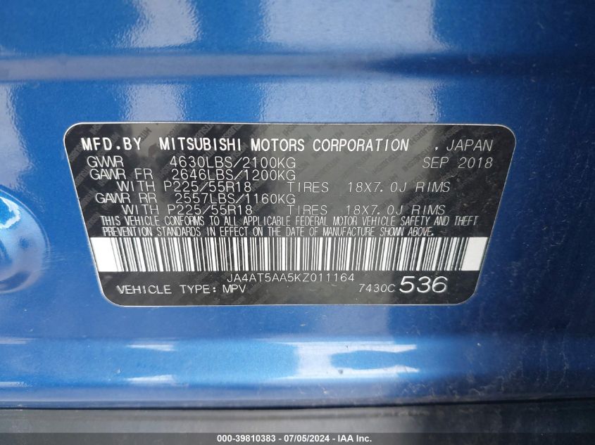 JA4AT5AA5KZ011164 2019 Mitsubishi Eclipse Cross Sel