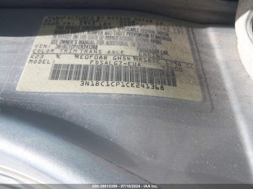 2012 Nissan Versa 1.8 Sl VIN: 3N1BC1CP1CK241368 Lot: 39810399