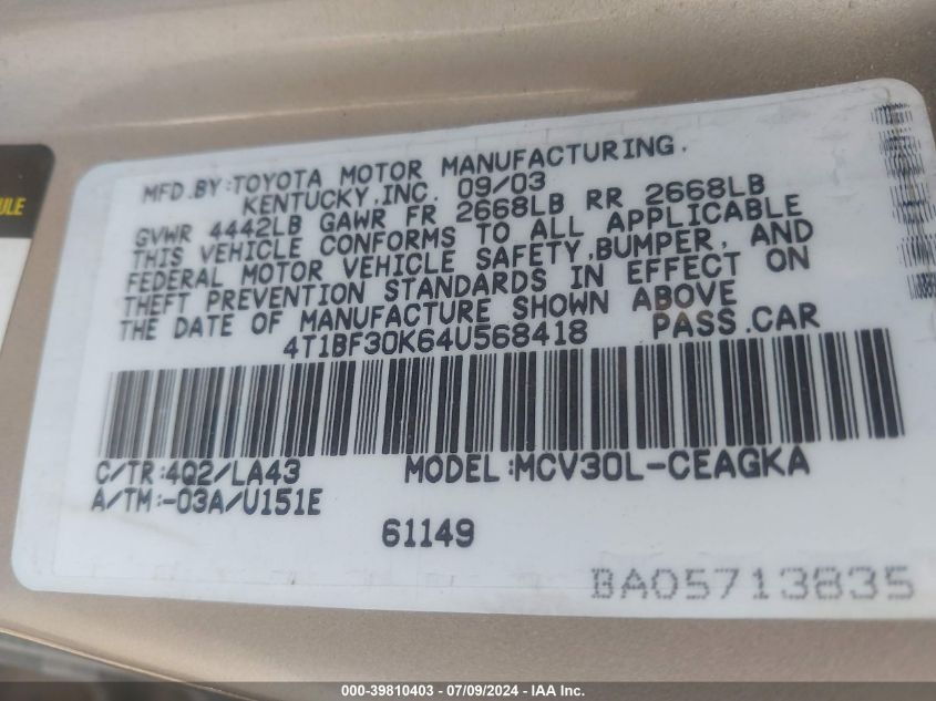 2004 Toyota Camry Xle V6 VIN: 4T1BF30K64U568418 Lot: 39810403