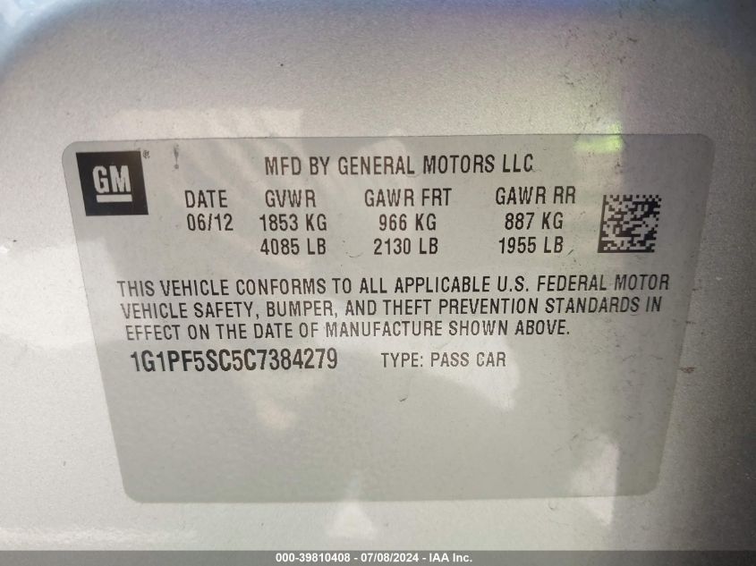 2012 Chevrolet Cruze 1Lt VIN: 1G1PF5SC5C7384279 Lot: 39810408