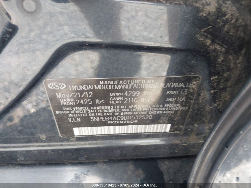 2013 Hyundai Sonata Gls VIN: 5NPEB4AC9DH532520 Lot: 39810423