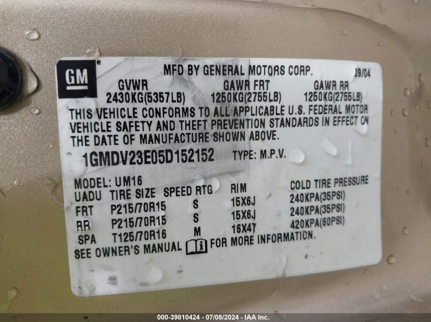 2005 Pontiac Montana M16 W/1Sa Pkg. VIN: 1GMDV23E05D152152 Lot: 40351209