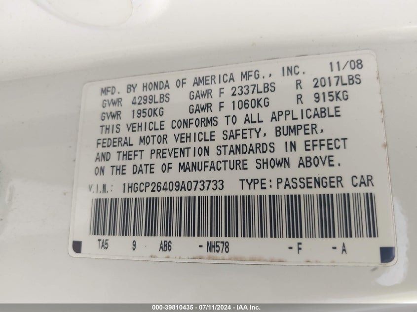 2009 Honda Accord 2.4 Lx-P VIN: 1HGCP26409A073733 Lot: 39810435