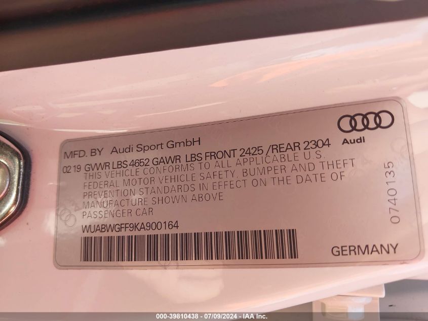 2019 Audi Rs 3 2.5T VIN: WUABWGFF9KA900164 Lot: 39810438