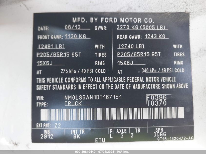 2013 Ford Transit Connect Xl VIN: NM0LS6AN1DT167151 Lot: 39810440