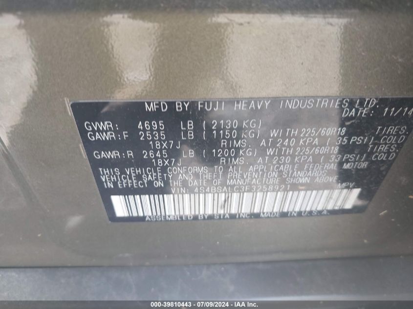 2015 Subaru Outback 2.5I Limited VIN: 4S4BSALC3F3258921 Lot: 39810443