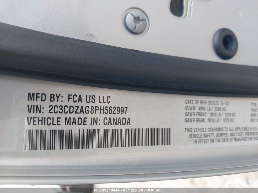 2023 Dodge Challenger Sxt VIN: 2C3CDZAG8PH562997 Lot: 39810444